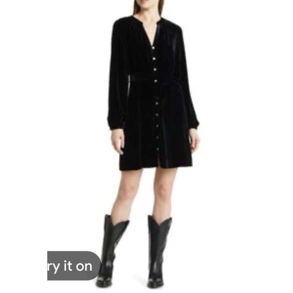 Faherty Dress Naomi SZ L Long Sleeve Silk Blend Velvet Black Full Buttons Goth